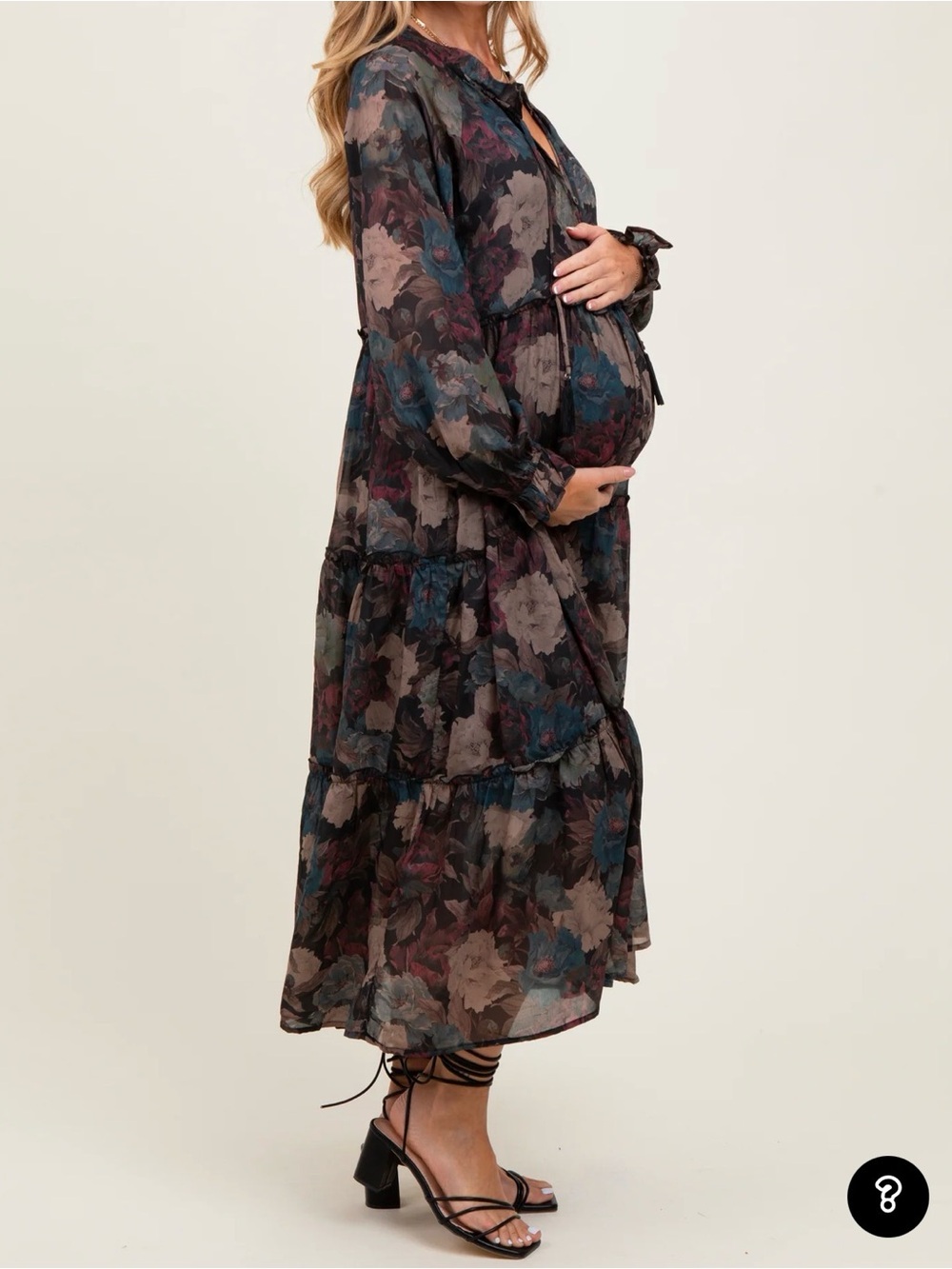 Black Floral Chiffon Ruffle Tiered Maternity Midi Dress